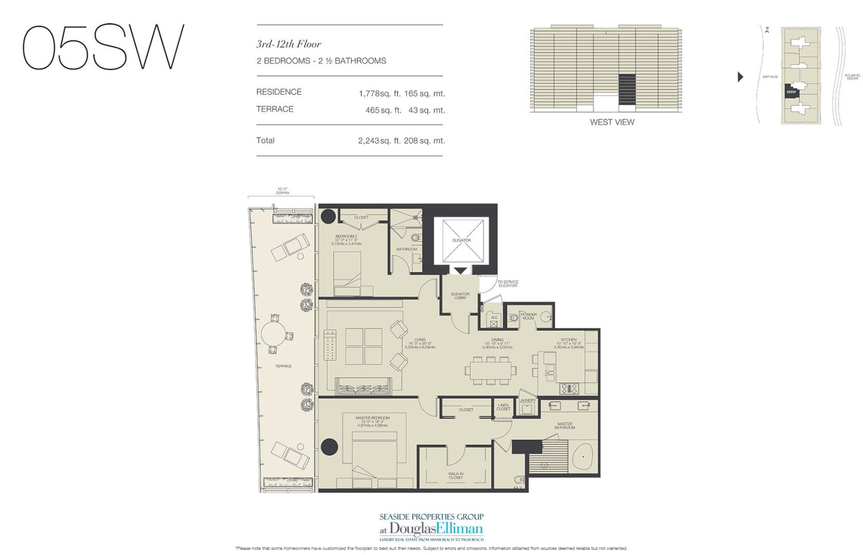 The 05SW Floorplan for Oceana Bal Harbour, Luxury Oceanfront Condos in Bal Harbour, Florida 33154
