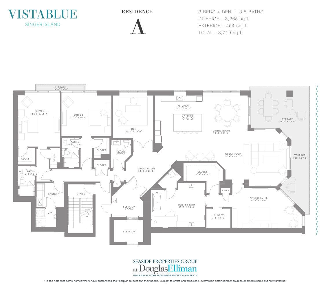 The Residence A Floorplan at VistaBlue Singer Island, Luxury Oceanfront Condos in Riviera Beach, Florida 33404.