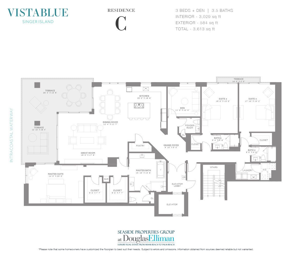 The Residence C Floorplan at VistaBlue Singer Island, Luxury Oceanfront Condos in Riviera Beach, Florida 33404.