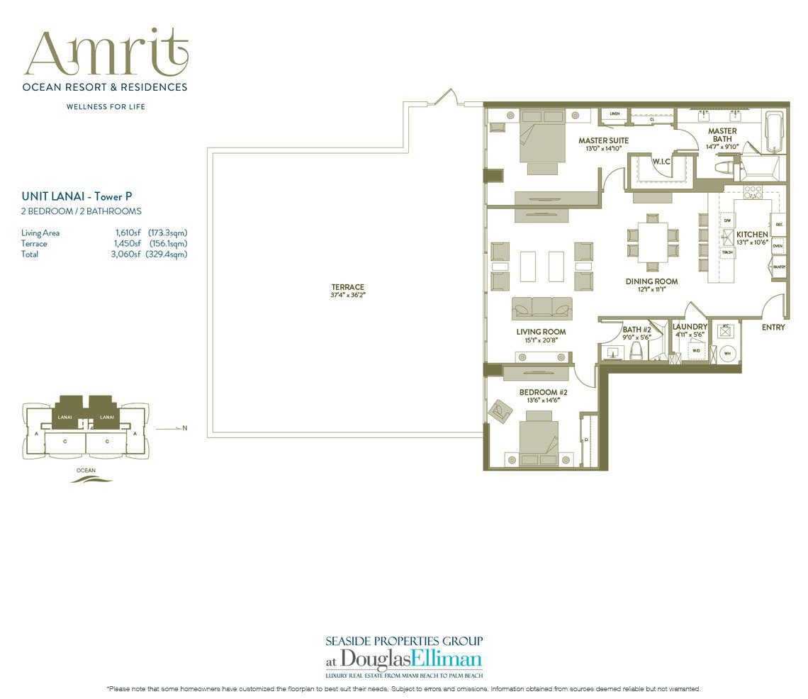 The Unit Lanai, Tower P Floorplan at Amrit Ocean Resort and Residences, Luxury Oceanfront Condos on Singer Island, Florida 33404.