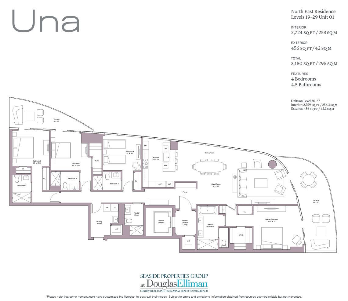 The Level 19-29 Unit 01 Floorplan at Una Residences, Luxury Waterfront Condos in Miami, Florida, Florida 33129.