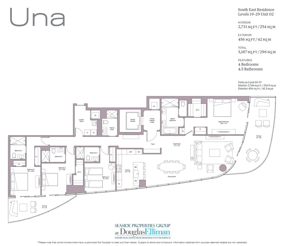 The Level 19-29 Unit 02 Floorplan at Una Residences, Luxury Waterfront Condos in Miami, Florida, Florida 33129.