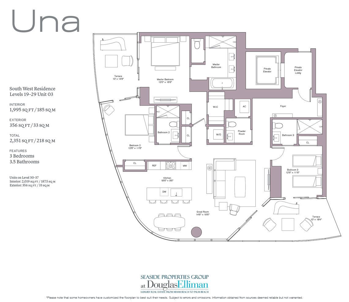 The Level 19-29 Unit 03 Floorplan at Una Residences, Luxury Waterfront Condos in Miami, Florida, Florida 33129.