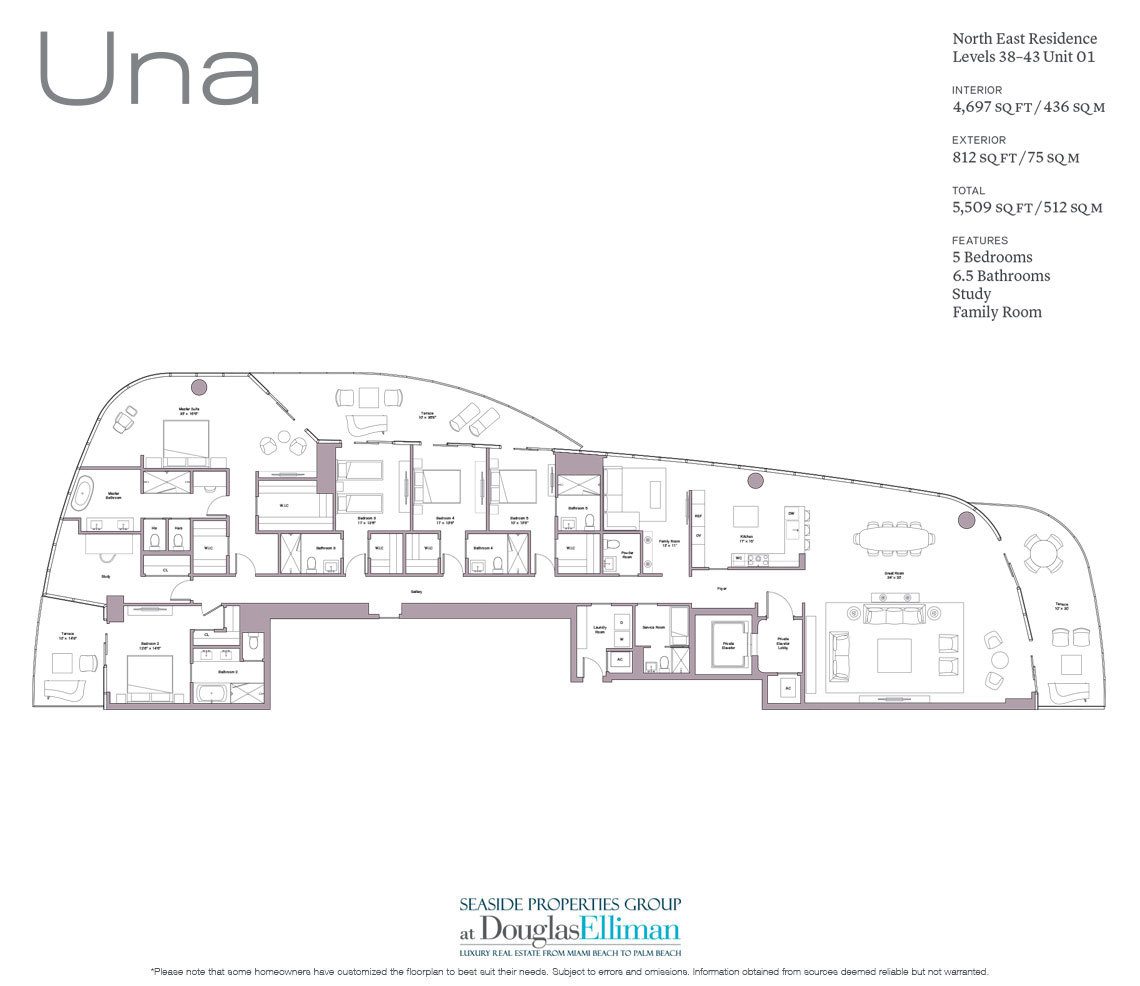 The Level 38-43 Unit 01 Floorplan at Una Residences, Luxury Waterfront Condos in Miami, Florida, Florida 33129.