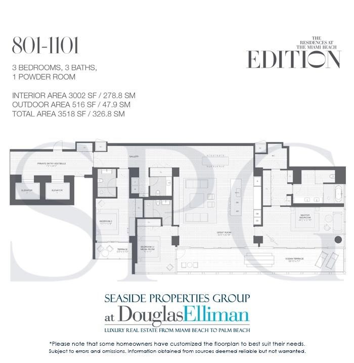 Floorplan 801-1101 for Edition, Luxury Oceanfront Condominiums Located at 2901 Collins Avenue, Miami Beach, Florida 33140
