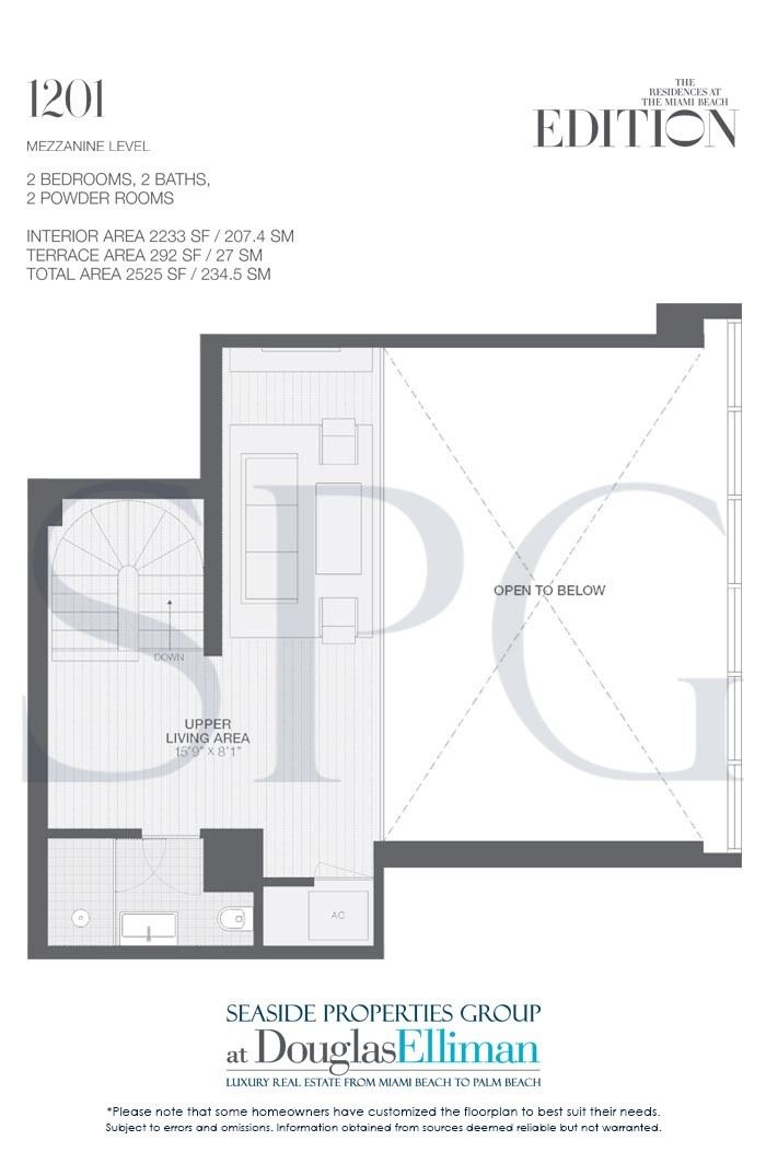 Floorplan 1201 Mezzanine for Edition, Luxury Oceanfront Condominiums Located at 2901 Collins Avenue, Miami Beach, Florida 33140