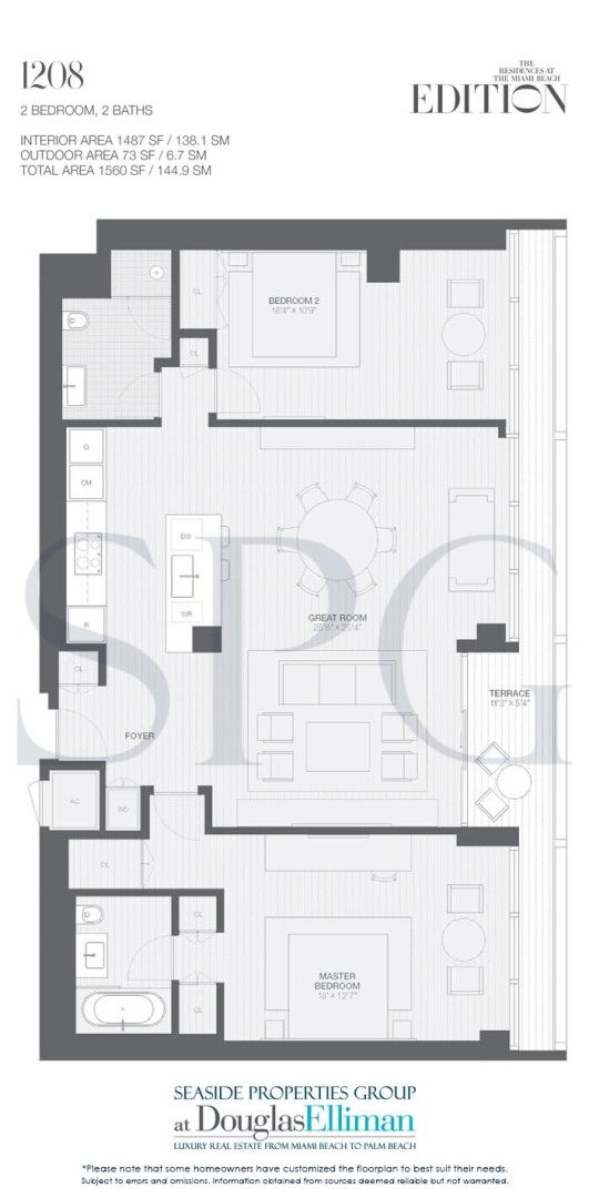 Floorplan 1208 for Edition, Luxury Oceanfront Condominiums Located at 2901 Collins Avenue, Miami Beach, Florida 33140