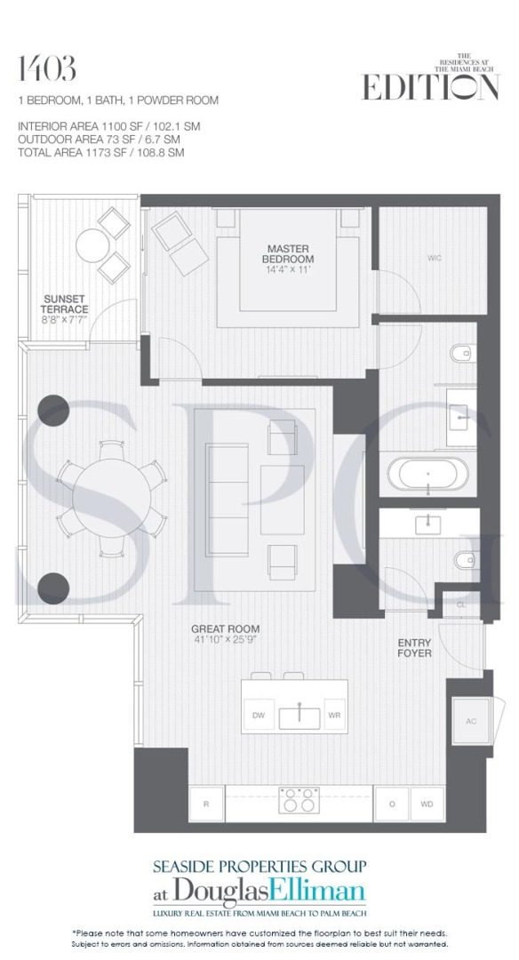 Floorplan 1403 for Edition, Luxury Oceanfront Condominiums Located at 2901 Collins Avenue, Miami Beach, Florida 33140