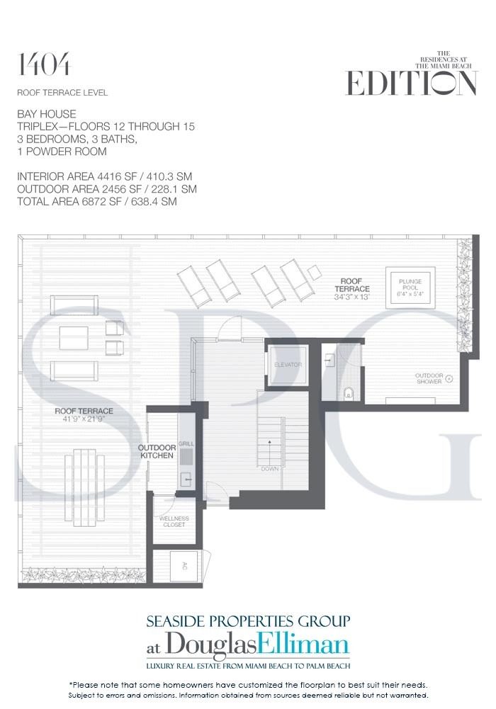 Floorplan 1404 Roof Terrace for Edition, Luxury Oceanfront Condominiums Located at 2901 Collins Avenue, Miami Beach, Florida 33140