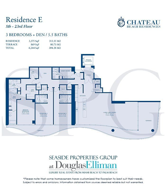 Residence E Floorplan for Chateau Beach Residences, Luxury Oceanfront Condominiums in Sunny Isles Beach, Florida 33160