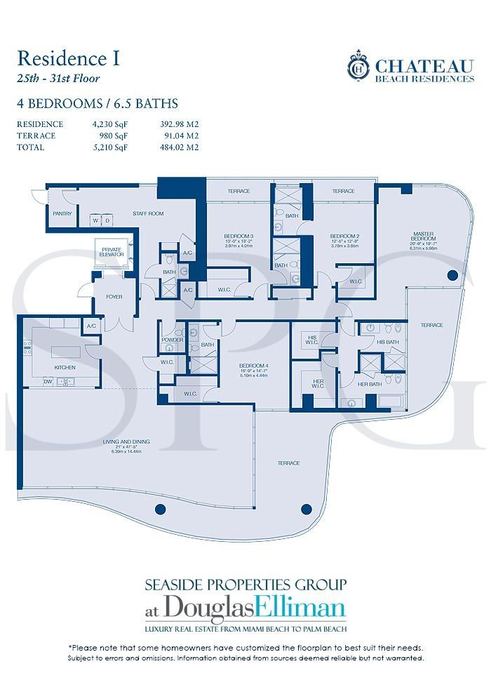 Residence I Floorplan for Chateau Beach Residences, Luxury Oceanfront Condominiums in Sunny Isles Beach, Florida 33160