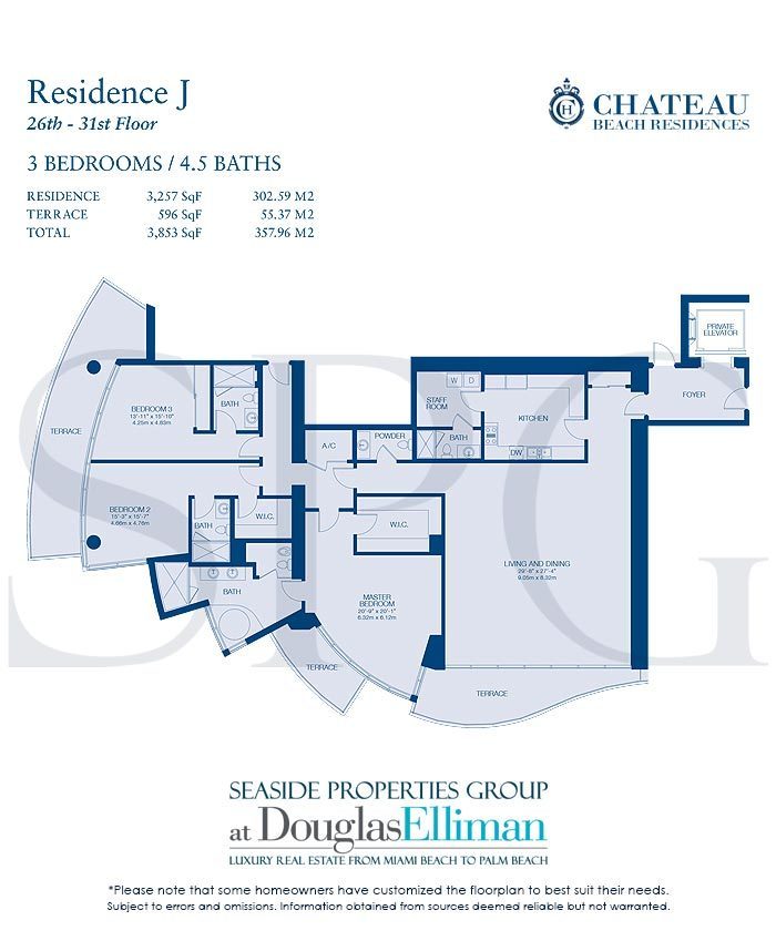 Residence J Floorplan for Chateau Beach Residences, Luxury Oceanfront Condominiums in Sunny Isles Beach, Florida 33160
