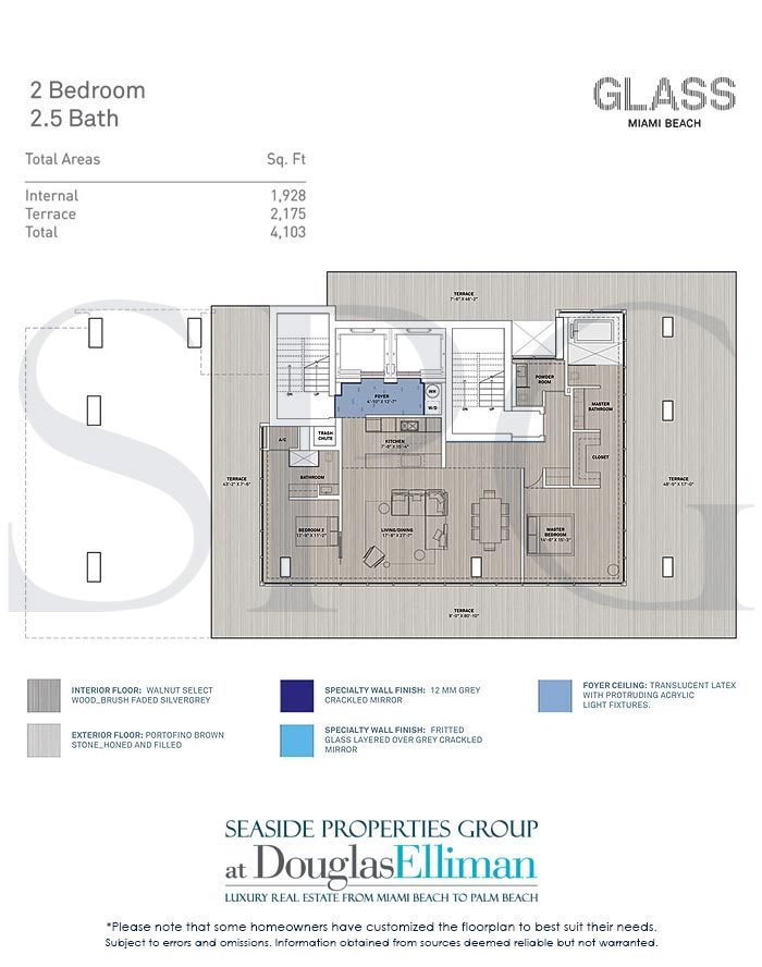 2 Bedroom Floorplan for Glass Miami Beach, Luxury Seaside Condominiums in Miami Beach, Florida 33139