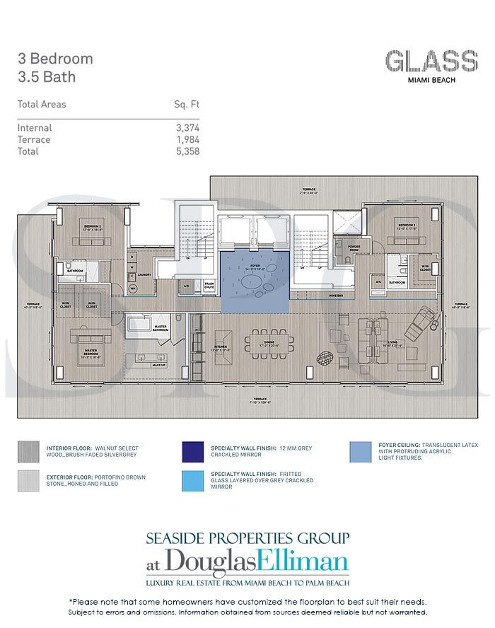 3 Bedroom Floorplan for Glass Miami Beach, Luxury Seaside Condominiums in Miami Beach, Florida 33139