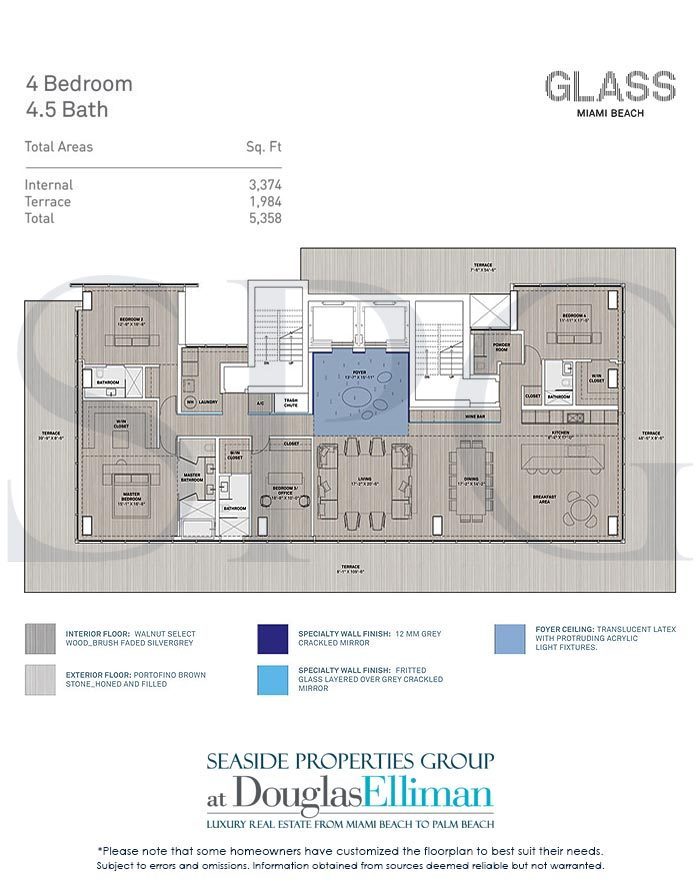 4 Bedroom Floorplan for Glass Miami Beach, Luxury Seaside Condominiums in Miami Beach, Florida 33139