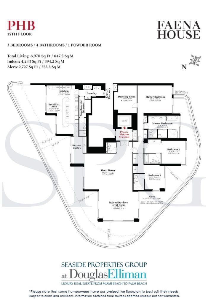 Penthouse B Floorplans for Faena House, Luxury Oceanfront Condominiums in Miami Beach, Florida 33140.