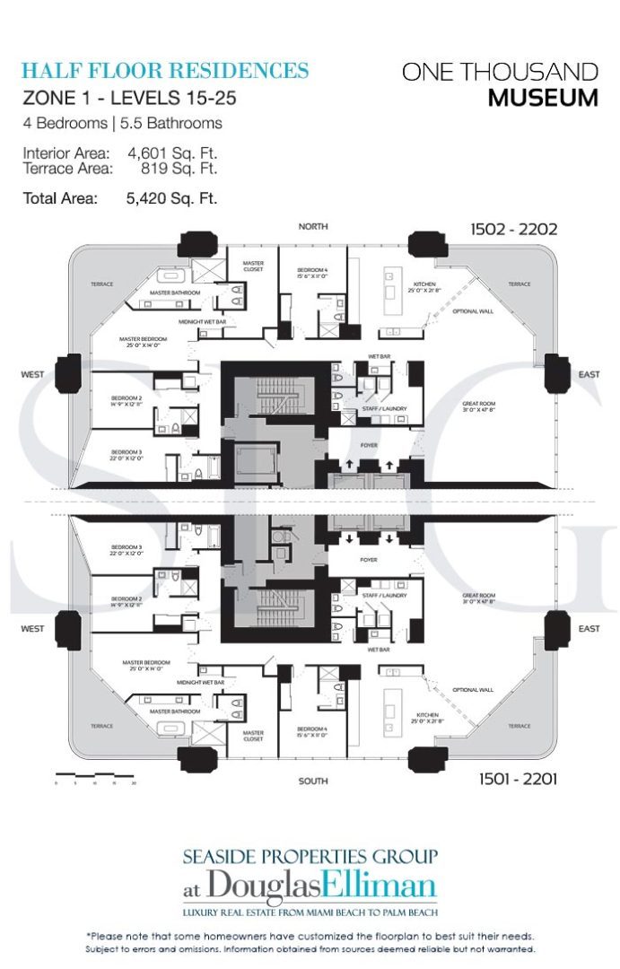 Zone 1 Half-Floor Residence Floorplans for One Thousand Museum, Luxury Condominiums in Miami, Florida 33132.