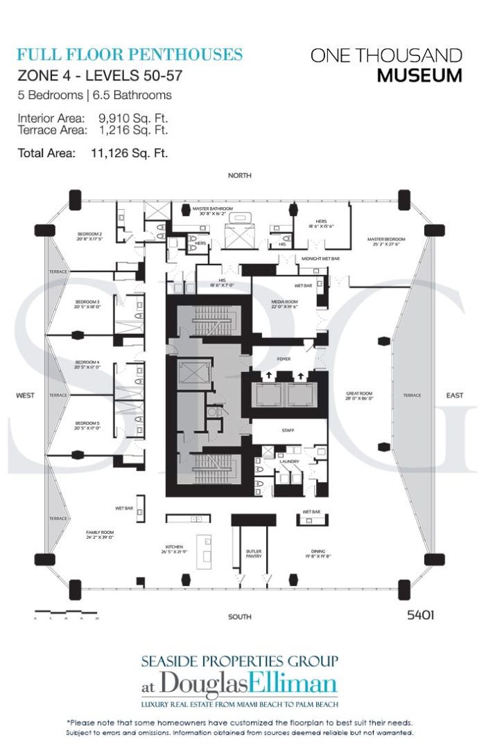 Zone 4 Full-Floor Penthouse Floorplans for One Thousand Museum, Luxury Condominiums in Miami, Florida 33132.