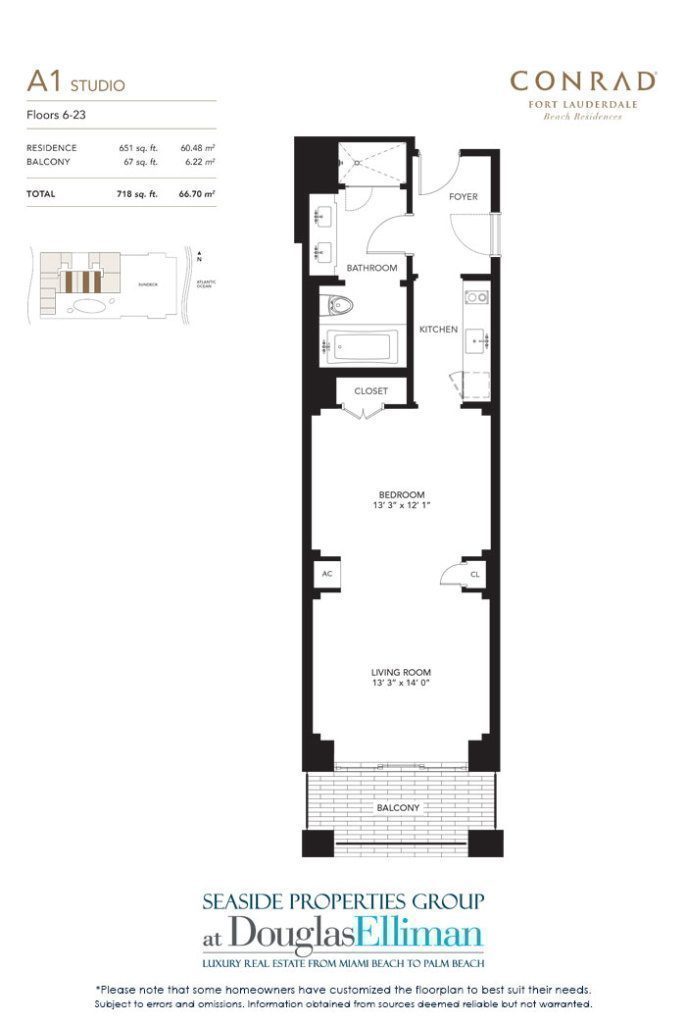 Unit A1 Floorplan for Conrad, Luxury Oceanfront Condominiums Located at 551 North Fort Lauderdale Beach Boulevard, Fort Lauderdale, Florida 33304
