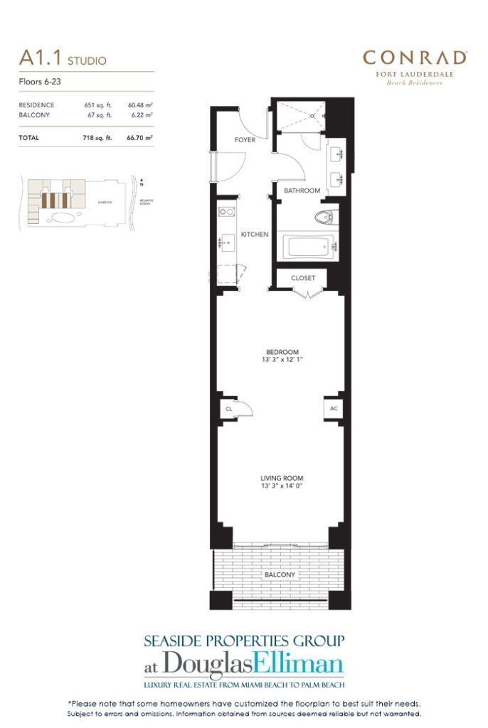 Unit A1.1 Floorplan for Conrad, Luxury Oceanfront Condominiums Located at 551 North Fort Lauderdale Beach Boulevard, Fort Lauderdale, Florida 33304