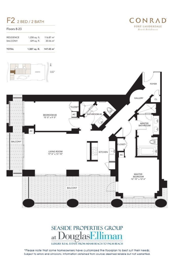 Unit F2 Floorplan for Conrad, Luxury Oceanfront Condominiums Located at 551 North Fort Lauderdale Beach Boulevard, Fort Lauderdale, Florida 33304