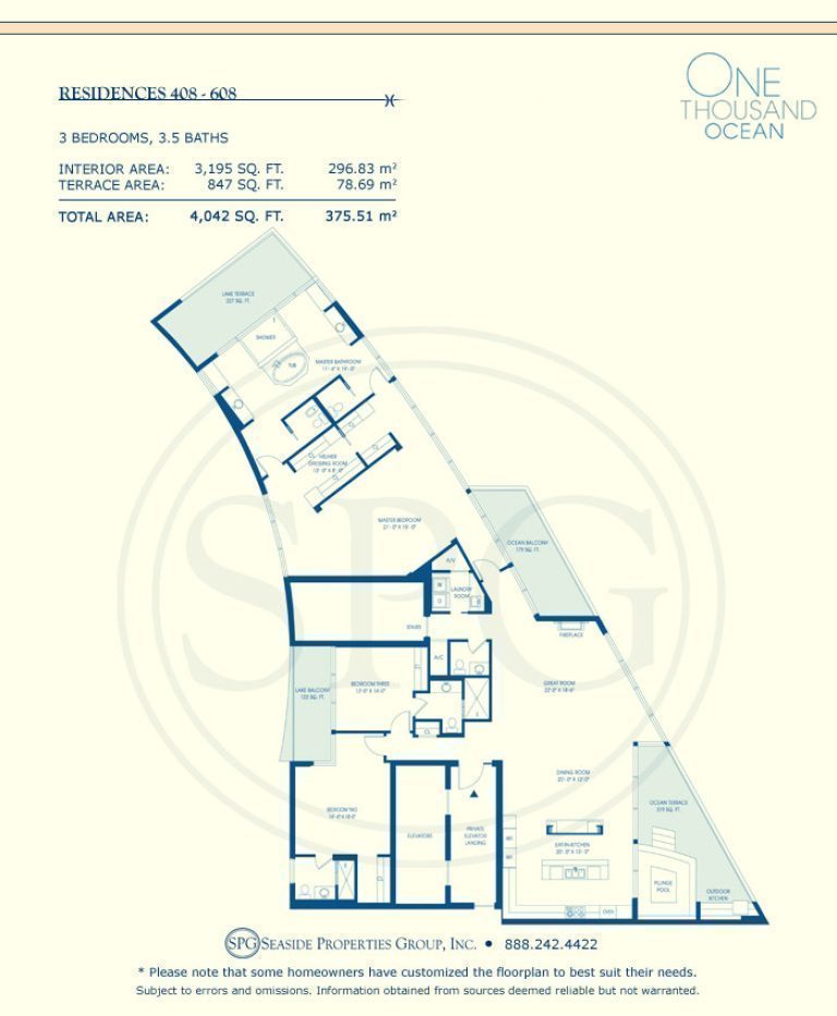 Residence 408-608 Floorplan at One Thousand Ocean, Luxury Waterfront Condo