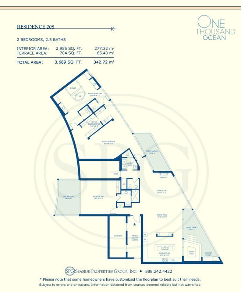 Residence 208 Floorplan at One Thousand Ocean, Luxury Waterfront Condo