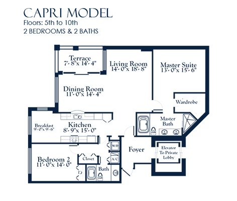 Capri Floorplan for The Palms, Tower I South, Luxury Oceanfront Condo in Fort Lauderdale, Florida 33305