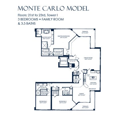 Monte Carlo Floorplan for The Palms, Tower I South, Luxury Oceanfront Condo in Fort Lauderdale, Florida 33305