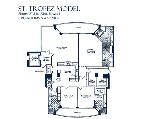St. Tropez Floorplan for The Palms, Tower I South, Luxury Oceanfront Condo in Fort Lauderdale, Florida 33305