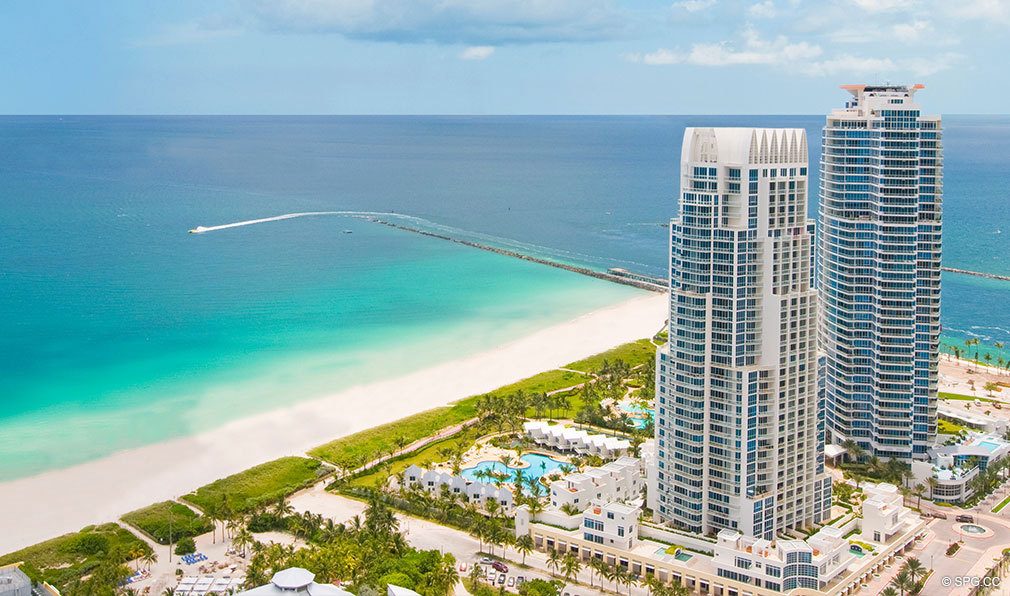Aerial View of Continuum, Luxury Oceanfront Condos Located at 50-100 South Pointe Dr, Miami Beach, FL 33139