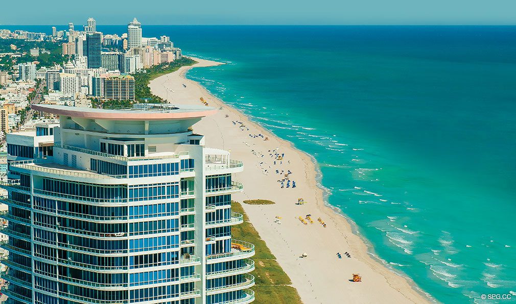 Aerial Beach View from Continuum, Luxury Oceanfront Condos Located at 50-100 South Pointe Dr, Miami Beach, FL 33139
