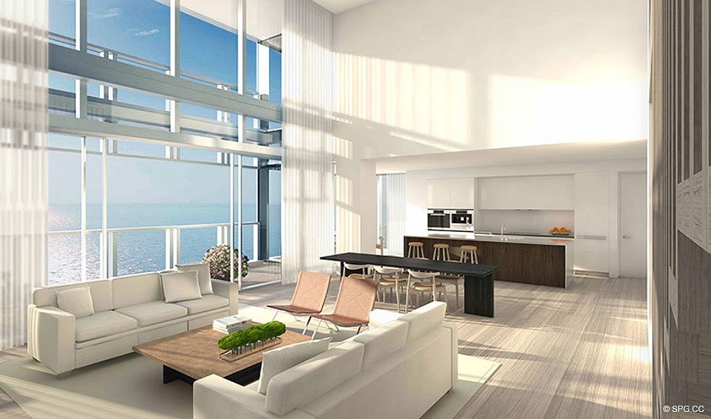 Living Room at Edition, Luxury Oceanfront Condominiums Located at 2901 Collins Ave, Miami Beach, FL 33140