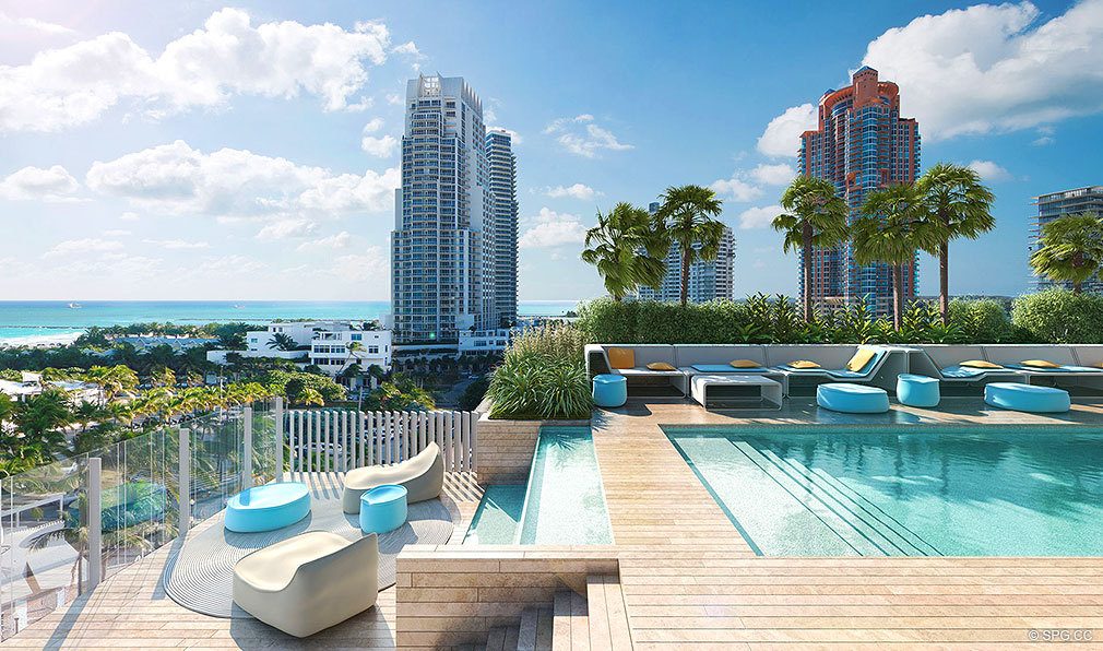 Pool Deck at Glass South Beach, Luxury Seaside Condos Located at 120 Ocean Dr, Miami Beach, FL 33139
