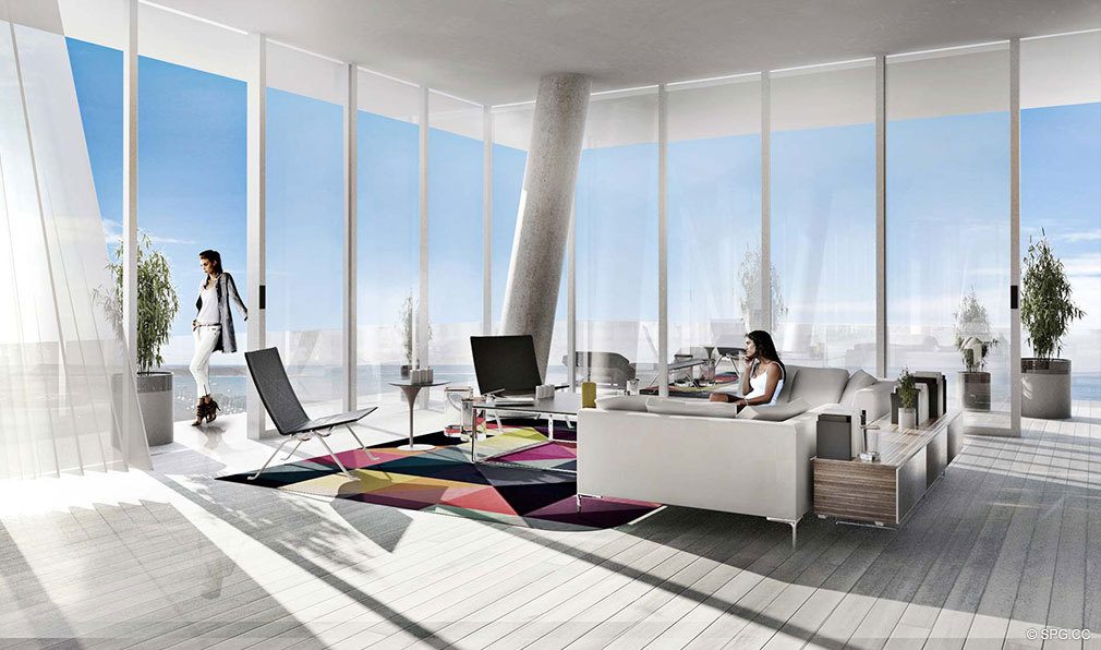 Contemporary Living Area at Grove at Grand Bay, Luxury Waterfront Condominiums at 2669 South Bayshore Dr, Miami, FL 33133