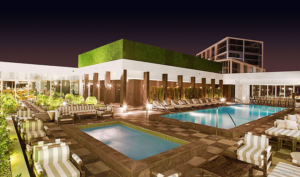 Pool at Night at ICON Brickell, Luxury Waterfront Condominiums Located at 475 Brickell Ave, Miami, FL 33131