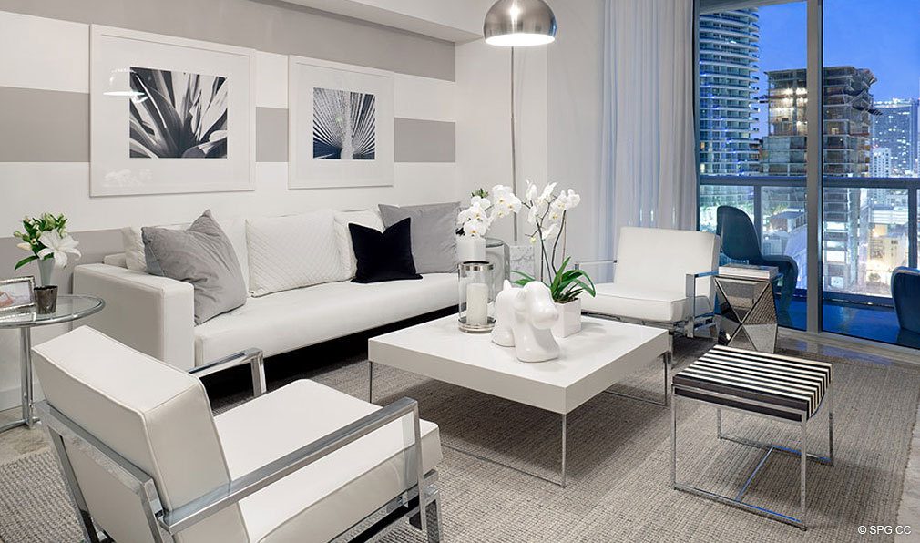 Living Room Views from ICON Brickell, Luxury Waterfront Condominiums Located at 475 Brickell Ave, Miami, FL 33131