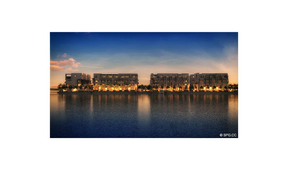 Iris on the Bay at Night, Luxury Waterfront Townhomes Located at 25 N Shore Dr, Miami Beach, FL 33141