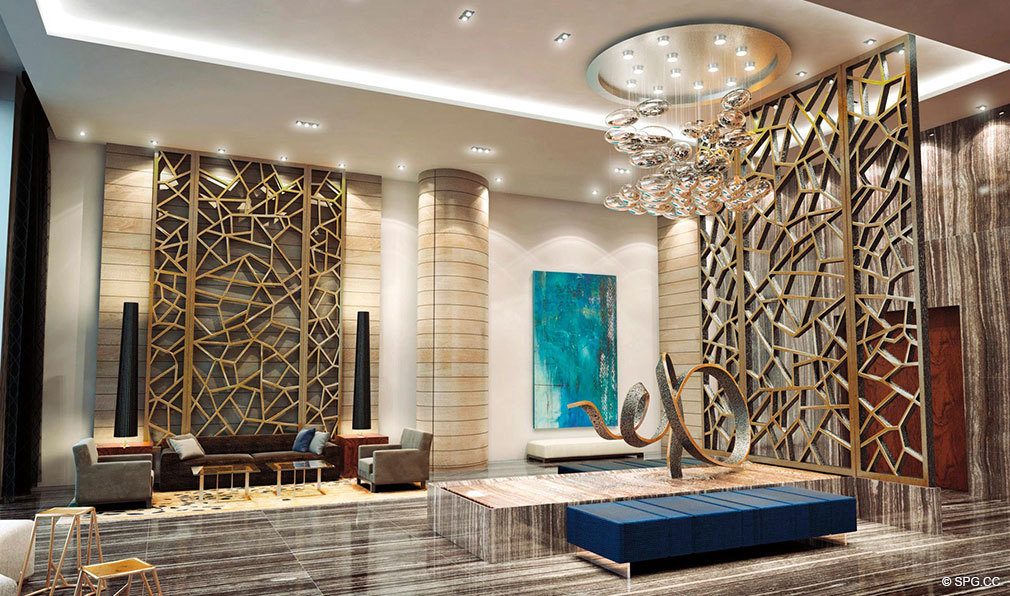 Contemporary Lobby at Marina Palms Yacht Club, Luxury Waterfront Condominiums Located at 17201 Biscayne Blvd, North Miami Beach, FL 33160