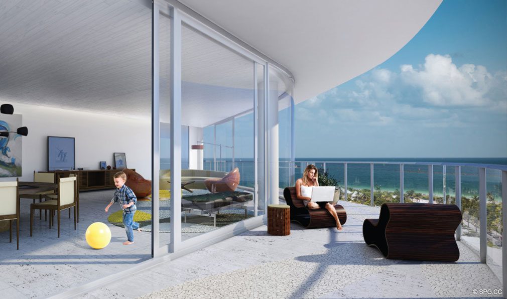 Living Room and Terrace at One Ocean, Luxury Oceanfront Condominiums Located at 91 Collins Ave, Miami Beach, FL 33139