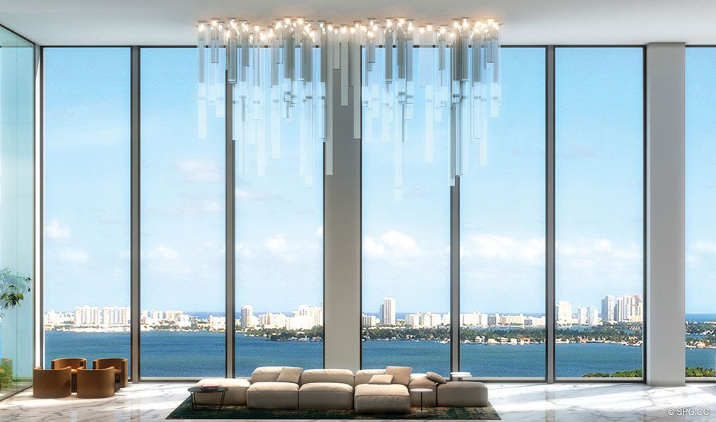 Living Room Views at One Paraiso, Luxury Waterfront Condominiums Located at 701 NE 31st St, Miami, FL 33137
