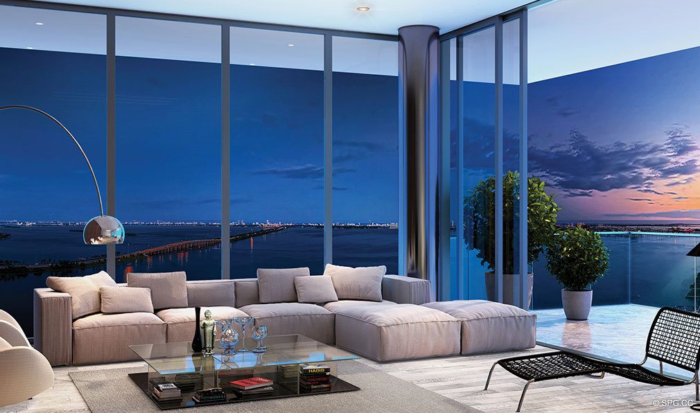 Living Room at One Paraiso, Luxury Waterfront Condominiums Located at 701 NE 31st St, Miami, FL 33137