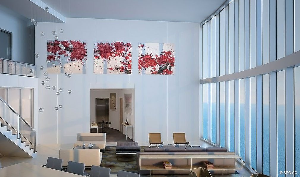 Living Room at Porsche Design Tower Miami, Luxury Oceanfront Condominiums Located at 18555 Collins Ave, Sunny Isles Beach, FL 33160