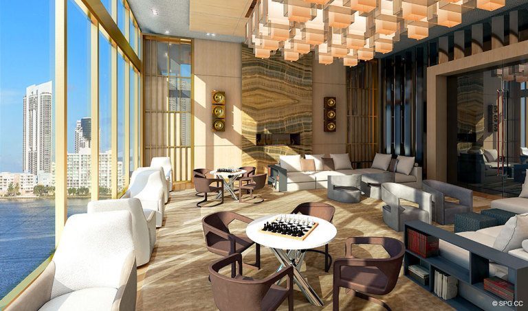 Prive Social Room, Luxury Waterfront Condominiums Located at 5000 Island Estates Blvd, Aventura, FL 33160