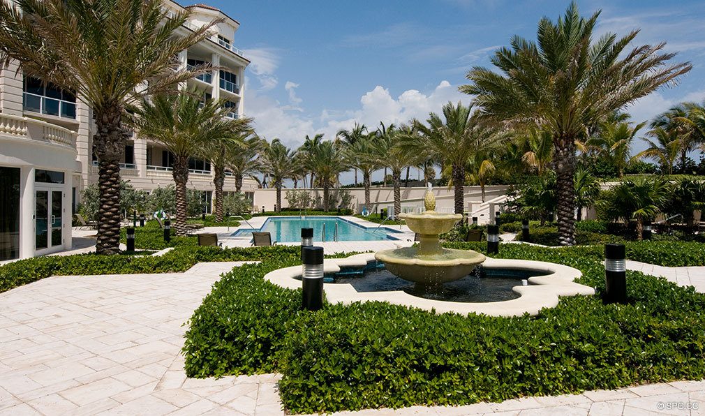 Landscaped Pool Deck at Bellaria, Luxury Oceanfront Condominiums Located at 3000 South Ocean Blvd, Palm Beach, FL 33480